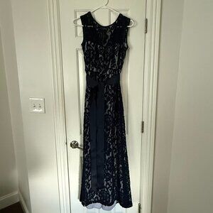 Betsy & Adam Lace Blue Floral Evening Dress Prom Homecoming Sz 10